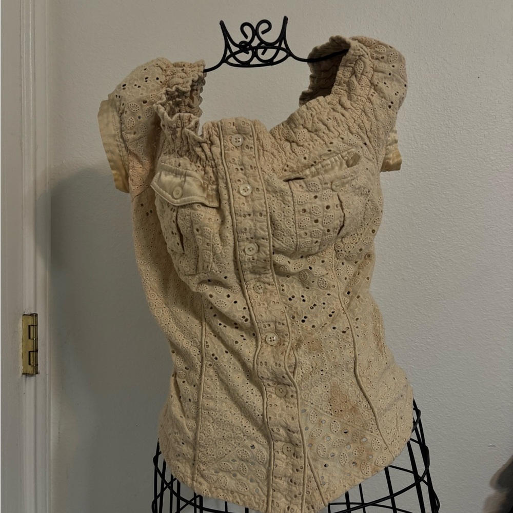 Marciano Cream Eyelet Button-Front Puff Sleeve Blouse